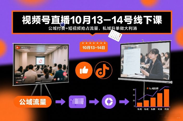 视频号直播10月13-14号线下课,公域付费+短视频抢占流量,私域升单做大利消-想要创业