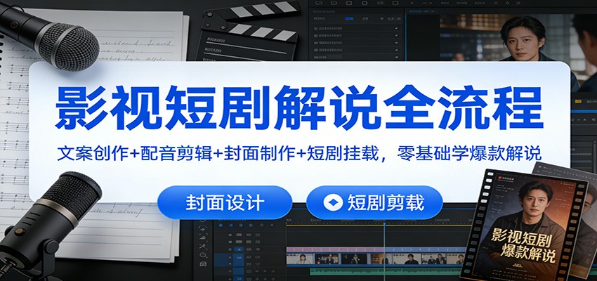 影视短剧解说全流程：文案创作+配音剪辑+封面制作+短剧挂载，零基础学爆款解说-想要创业