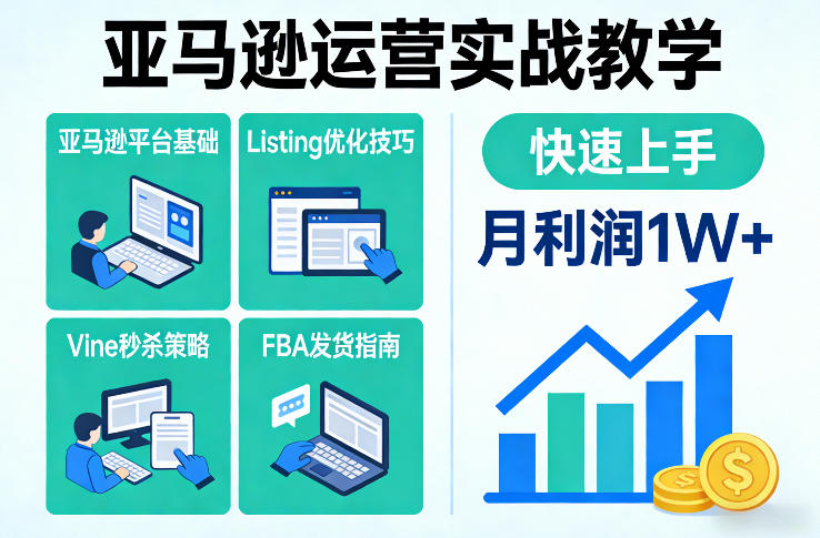 亚马逊运营实战教学，亚马逊平台+Listing优化+Vine秒杀+FBA发货等，快速上手，实现店铺月利润1W-想要创业