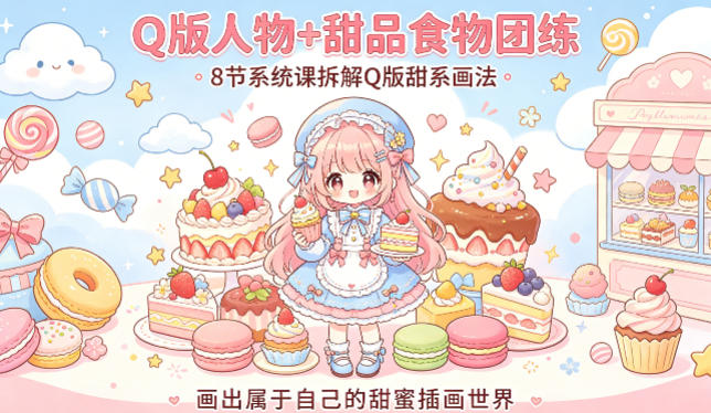 Q版人物+甜品食物团练，8节系统课拆解Q版甜系画法，画出属于自己的甜蜜插画世界-想要创业