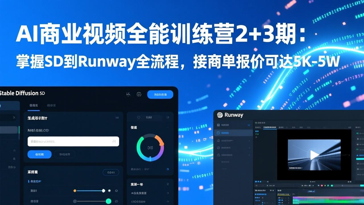 AI商业视频全能训练营2+3期：掌握SD到Runway全流程，接商单报价可达5K-5W-想要创业