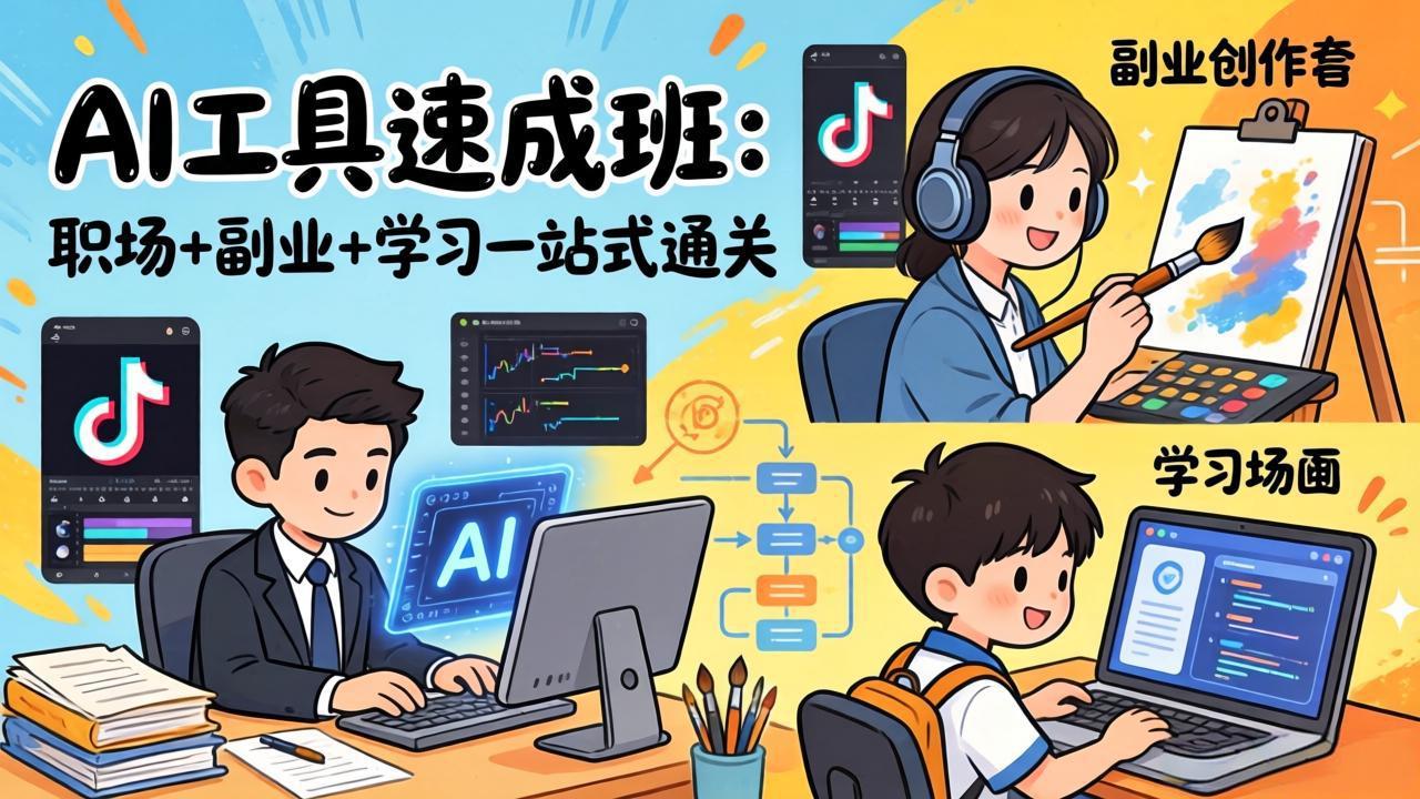 AI工具速成班：职场+副业+学习一站式通关，20+爆款类型+剪映技巧+抖音算法，0基础快速上手-想要创业