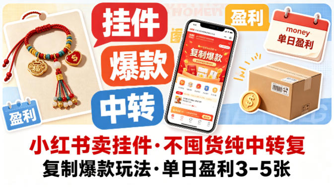 小红书卖挂件，不囤货纯中转复制爆款玩法，单日盈利3-5张-想要创业