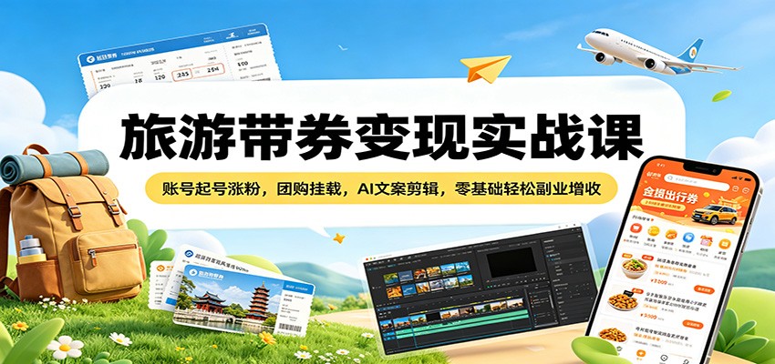 旅游带券变现实战课：账号起号涨粉，团购挂载，AI文案剪辑，零基础轻松副业增收-想要创业