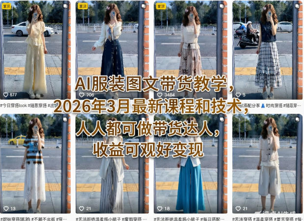 AI服装图文带货教学，2026年3月最新课程和技术，人人都可做带货达人，收益可观好变现-想要创业