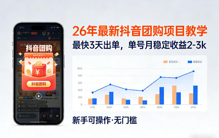 26年最新抖音团购项目教学，0门槛，最快3天出单，单号月稳定收益2-3k（更新3月19日）-想要创业