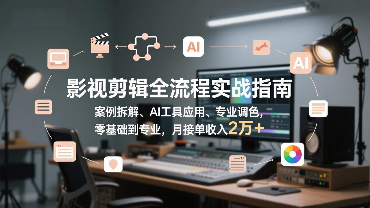 影视剪辑全流程实战指南，案例拆解、AI工具应用、专业调色，零基础到专业，月接单收入2万+-想要创业