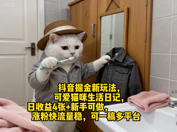 抖音掘金新玩法，可爱猫咪生活日记，日收益4张+新手可做，涨粉快流量稳，可一稿多平台-想要创业