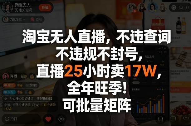 淘宝无人直播，不违规不封号，直播25小时卖17W，全年旺季！可批量矩阵【揭秘】-想要创业