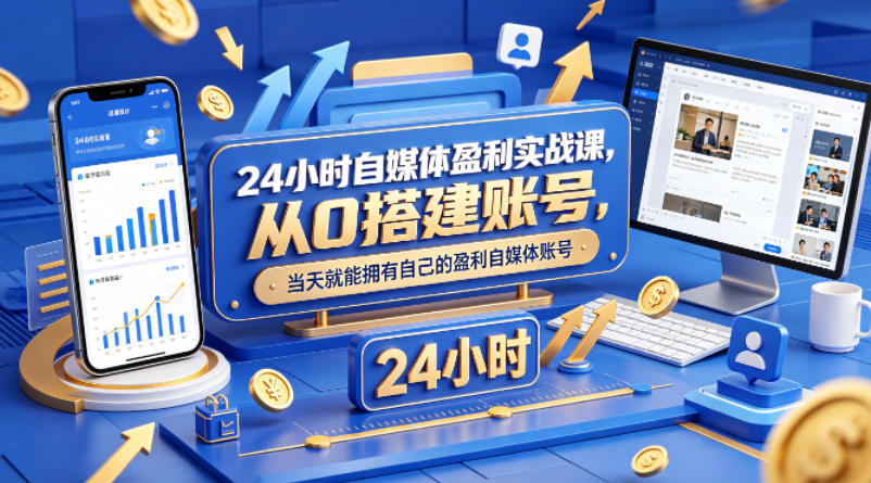 24小时自媒体盈利实战课，从0搭建账号，当天就能拥有自己的盈利自媒体账号-想要创业