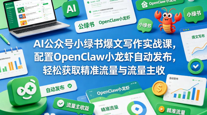 AI公众号小绿书爆文写作实战课，配置OpenClaw小龙虾自动发布，轻松获取精准流量与流量主收益-想要创业