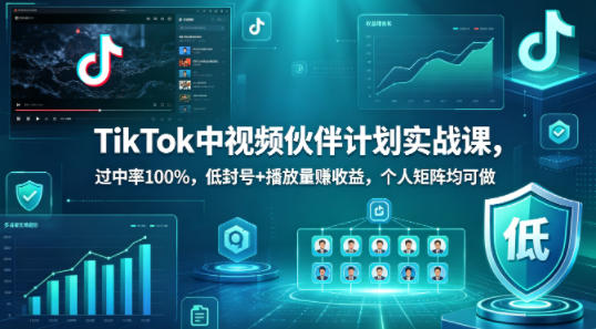 TikTok中视频伙伴计划实战课，过中率100%，低封号+播放量賺收益，个人矩阵均可做-想要创业