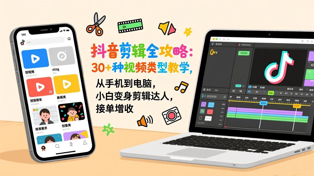 抖音剪辑全攻略：30+种视频类型教学，从手机到电脑，小白变身剪辑达人，接单增收-想要创业