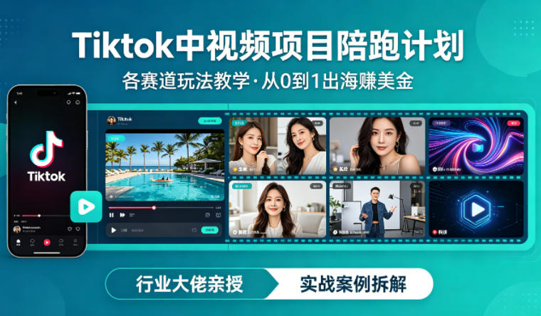 某大佬的Tiktok中视频项目陪跑，涵盖TK各个赛道玩法教学，从0到1出海賺美金-想要创业