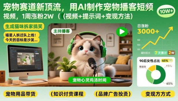 宠物赛道新顶流，用AI制作宠物播客短视频，1周涨粉2W(视频+提示词+变现方法)-想要创业