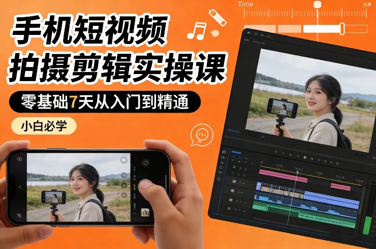 手机短视频拍摄剪辑实操课，零基础7天从入门到精通，小白必学-想要创业