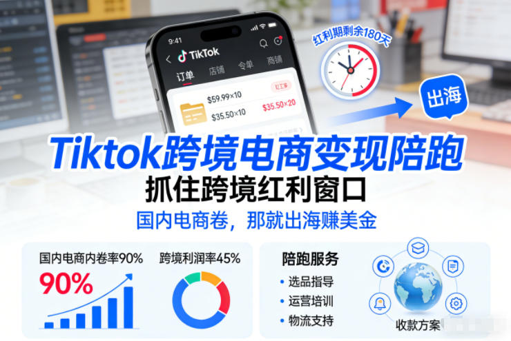 Tiktok跨境电商变现陪跑,抓住跨境红利窗口,国内电商卷,那就出海賺美金-想要创业