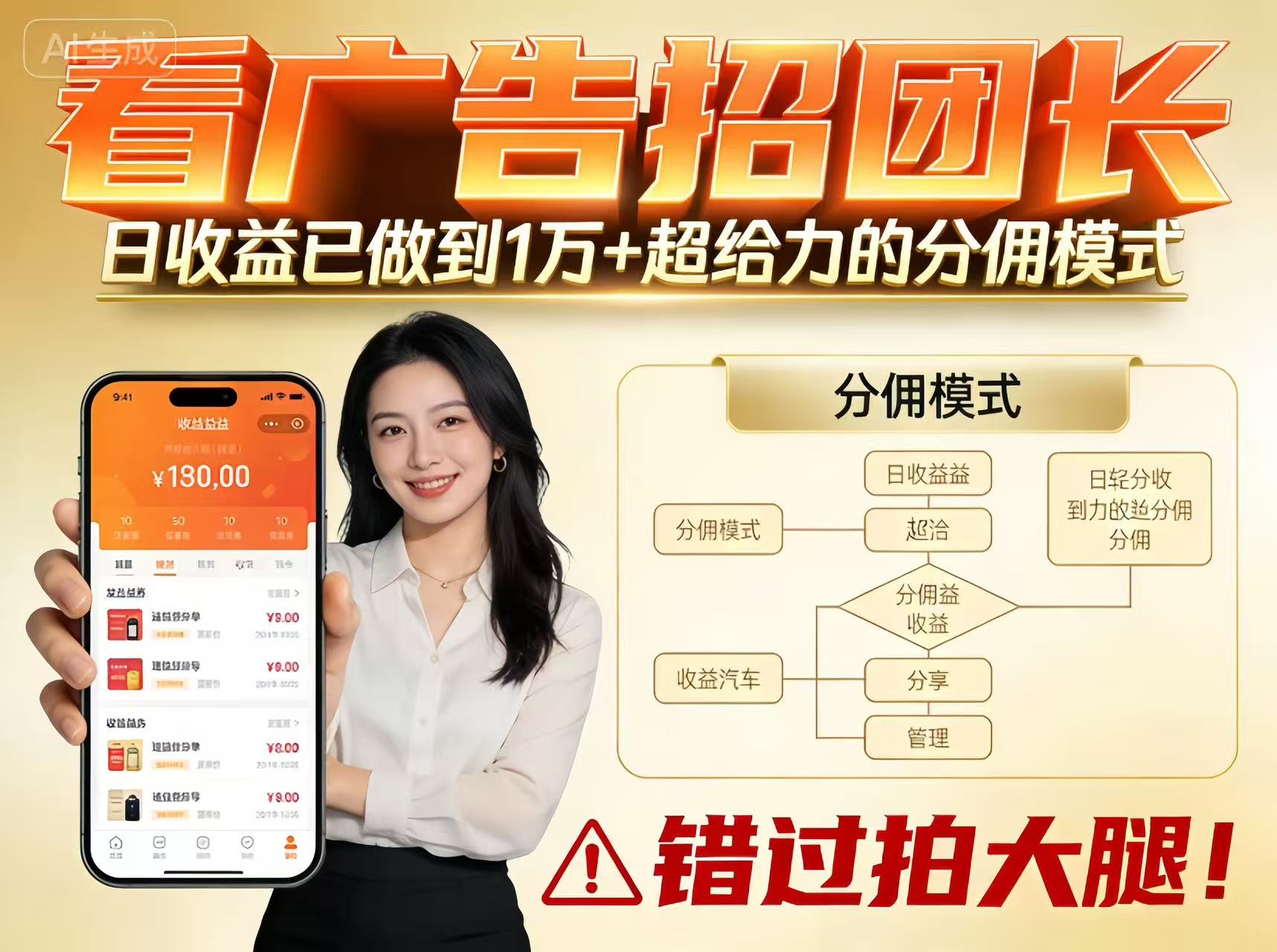 看广告招团长，团队收益已做到日入1万，分佣模式超给力，错过拍大腿-想要创业