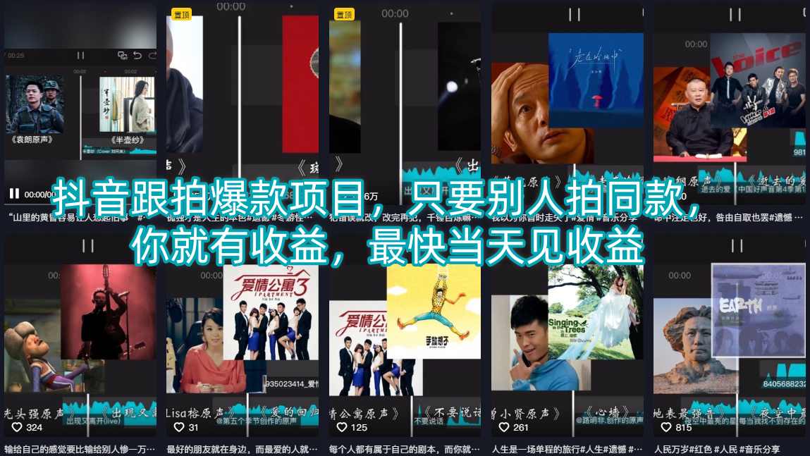 抖音跟拍爆款项目，只要别人拍同款，你就有收益，最快当天见收益-想要创业