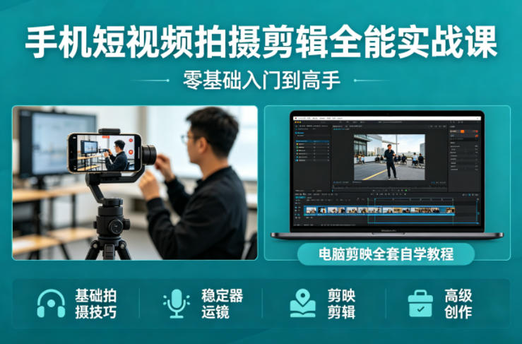 手机短视频拍摄剪辑全能实战课：零基础入门到高手，稳定器运镜+电脑剪映全套自学教程-想要创业
