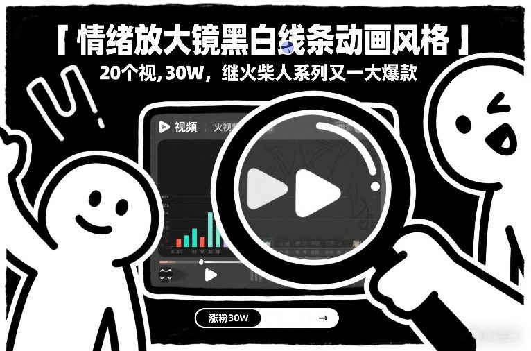 情绪放大镜黑白线条动画风格，20个视频，涨粉30W，继火柴人系列又一大爆款-想要创业
