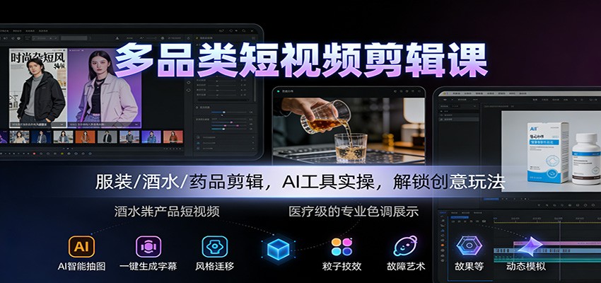 多品类短视频剪辑课：服装/酒水/药品剪辑，AI工具实操，解锁创意玩法-想要创业