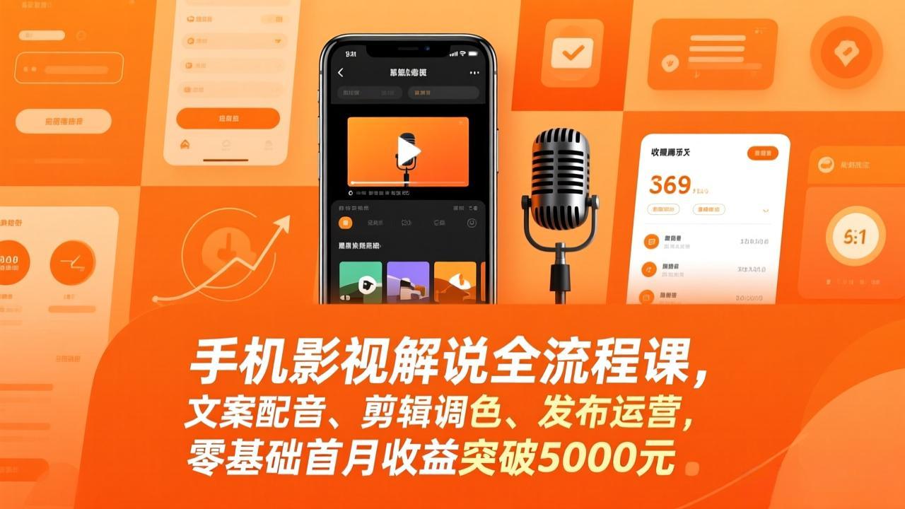 手机影视解说全流程课，文案配音、剪辑调色、发布运营，零基础首月收益突破5000元-想要创业